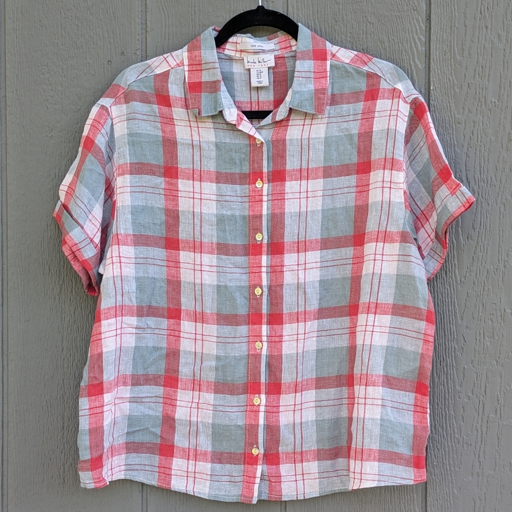 Nicole Miller 100% Linen Plaid Button Down Shirt Red White & Blue Medium